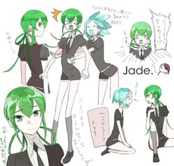  androgynous black_neckwear black_shorts chibi closed_eyes gem_uniform_(houseki_no_kuni) green_eyes green_hair hair_rings houseki_no_kuni hug jade_(houseki_no_kuni) kneehighs long_hair multicolored_hair multiple_views necktie phosphophyllite rutile_(houseki_no_kuni) shirt short_hair short_sleeves shorts shumiko_(kamenokoueki) smile white_shirt 