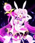  1girl ;d aisha_(elsword) animal_ears bow cowboy_shot detached_sleeves dress elsword gradient_hair hair_ornament holding holding_staff long_hair looking_at_viewer magical_girl melsocoon metamorphy_(elsword) multicolored_hair one_eye_closed open_mouth puffy_sleeves purple_bow purple_hair rabbit_ears smile solo sparkle staff star star-shaped_pupils symbol-shaped_pupils thigh-highs twintails v violet_eyes white_dress white_hair zettai_ryouiki 