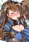  1boy 1girl beatrix_(granblue_fantasy) blush breasts brown_hair chocolate chocolate_heart cleavage closed_eyes commentary_request gran_(granblue_fantasy) granblue_fantasy hair_ornament heart hetero hug large_breasts long_hair mouth_hold ponytail sanmotogoroo tears 