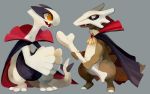  :d bone brown_eyes cape commentary fangs full_body fushigi_no_dungeon glitchedpuppet grey_background hands_together highres holding holding_bone lugia marowak no_humans open_mouth orange_eyes pokemon pokemon_fushigi_no_dungeon simple_background smile standing 