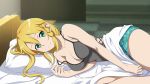  1girl bed bedroom blonde_hair blue_shorts breasts cleavage from_side game_cg green_eyes grey_shirt hair_between_eyes highres indoors large_breasts leafa long_hair lying off_shoulder official_art on_side pillow shirt short_shorts shorts side_braids sideboob sidelocks sleeveless sleeveless_shirt smile solo sword_art_online 