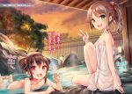  2girls :d ass black_hair breasts brown_hair character_name double_bun eyebrows_visible_through_hair green_eyes hair_ribbon highres long_hair looking_at_viewer minase_mikuru mokyu multiple_girls naked_towel novel_illustration nude official_art onsen open_mouth orange_ribbon outdoors ponytail red_eyes ribbon sensee_no_oyome-san_ni_naritai_onnanoko_wa_miinna_16-sai_da_yo~? sidelocks sitting small_breasts smile towel towel_on_head twilight v w white_towel yakuno_yae 