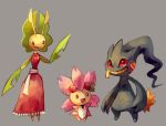  :d apron arms_up banette cherrim clothed_pokemon commentary dress full_body fushigi_no_dungeon glitchedpuppet leavanny long_dress looking_at_viewer no_humans open_mouth pokemon pokemon_(creature) pokemon_fushigi_no_dungeon red_dress red_eyes sleeveless sleeveless_dress smile standing waving 