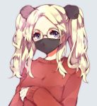  bangs blonde_hair blue_eyes blush commentary commission copyright_request face_mask glasses grey_background long_sleeves looking_at_viewer mask parted_bangs peachpii red_sweater simple_background sweater twintails 