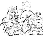  3girls berusuke_(beru_no_su) character_request closed_eyes commentary_request copyright_request crossover cup fang fate/grand_order fate_(series) gourd greyscale ibuki_suika long_hair long_sleeves low-tied_long_hair lying monochrome multiple_girls navel on_stomach oni oni_horns open_mouth sakazuki short_hair shuten_douji_(fate/grand_order) sitting sleeveless touhou trait_connection very_long_hair 