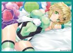  1girl akatsuki_kirika arm_up bare_shoulders bed bed_sheet blonde_hair blush breasts character_doll cleavage commentary_request covered_navel elbow_gloves eyebrows_visible_through_hair gloves green_eyes green_leotard hair_ornament large_breasts leotard looking_at_viewer lying nagayori noise_(symphogear) on_back senki_zesshou_symphogear shiny shiny_clothes shiny_hair shiny_skin short_hair solo striped striped_legwear white_gloves x_hair_ornament 