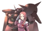  1girl ark_performance arlette_almage blue_eyes bow braid gloves gundam gundam:_twilight_axis hair_bow looking_at_viewer mecha official_art pilot_suit redhead salute simple_background smile solo upper_body white_background white_gloves zaku_iii_custom zeon 