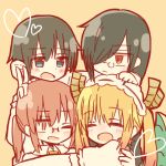  2boys 2girls black_hair blonde_hair blue_eyes dragon dragon_girl dragon_horns dragon_tail fafnir_(maidragon) glasses hair_over_one_eye horns hug kobayashi-san_chi_no_maidragon kobayashi_(maidragon) long_hair lowres maid maid_headdress multiple_boys multiple_girls necktie pince-nez ponytail red_eyes redhead short_hair smile tail takiya_makoto tooru_(maidragon) twintails yaoi yuri 