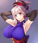  1girl 846-gou armpits arms_behind_head black_gloves blush breasts elbow_gloves fate/grand_order fate_(series) gloves japanese_clothes large_breasts looking_at_viewer miyamoto_musashi_(fate/grand_order) ponytail purple_hair sash smile solo 