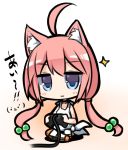 1girl :3 ahoge animal_ears bangs bare_arms bare_shoulders blue_eyes blush cat_ears chibi closed_mouth commentary_request controller eyebrows_visible_through_hair full_body game_controller hair_between_eyes hair_bobbles hair_ornament hinata_channel holding long_hair low_twintails nekomiya_hinata pink_hair shirasu_youichi sitting solo sparkle tank_top translation_request twintails very_long_hair white_background white_tank_top 