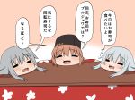  3girls absurdres blush bokota_(bokobokota) brown_hair chibi closed_eyes comic eyebrows_visible_through_hair gangut_(kantai_collection) grey_hair hair_between_eyes hibiki_(kantai_collection) highres kantai_collection kotatsu long_hair multiple_girls open_mouth papakha pink_background remodel_(kantai_collection) silver_hair simple_background smile table tashkent_(kantai_collection) translation_request 