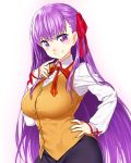  &gt;:) 1girl bb_(fate/extra_ccc) blush breasts commentary_request eyebrows_visible_through_hair fate/extra fate/extra_ccc fate_(series) hair_ribbon hand_on_hip homurahara_academy_uniform large_breasts long_hair long_sleeves looking_at_viewer matou_sakura onsoku_maru purple_hair ribbon school_uniform shirt simple_background skirt smile solo very_long_hair vest violet_eyes white_shirt 