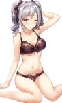  1girl ;o arm_up black_bra black_panties blush bow bow_bra bow_panties bra breasts bvucki36gzoeq1c cleavage collarbone drill_hair grey_hair hair_bow hair_ribbon highres idolmaster idolmaster_cinderella_girls kanzaki_ranko medium_breasts navel one_eye_closed panties purple_ribbon red_eyes ribbon simple_background sitting solo twin_drills twintails underwear underwear_only wariza white_background 