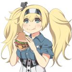  +_+ 1girl blonde_hair blue_eyes blue_shirt breast_pocket commentary_request eating food gambier_bay_(kantai_collection) hair_between_eyes hair_ornament hamburger kantai_collection long_hair multicolored_hairband pocket shirt simple_background smile solo twintails upper_body white_background yukimi_unagi 