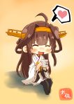  1girl ^_^ ^o^ ahoge artist_name bare_shoulders black_legwear black_skirt brown_hair closed_eyes cup detached_sleeves double_bun heart highres holding holding_cup japanese_clothes kantai_collection kongou_(kantai_collection) long_hair nontraditional_miko open_mouth pleated_skirt ribbon-trimmed_sleeves ribbon_trim skirt smile solo spoken_heart taisa_(kari) thigh-highs wide_sleeves 