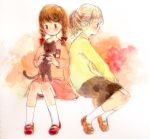  2girls ballpoint_pen_(medium) black_cat black_eyes black_skirt blonde_hair blush bow braid brown_hair cat collar hair_bow holding holding_cat long_sleeves madotsuki mary_janes multiple_girls pink_shirt poniko ponytail poriropin red_bow red_collar red_skirt shirt shoes sitting skirt socks traditional_media twin_braids watercolor_(medium) white_legwear yume_nikki 