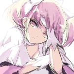  absurdres bangs bent_elbows bow commentary_request eyebrows_visible_through_hair gloves goddess_madoka hair_bow hand_on_head highres kaname_madoka mahou_shoujo_madoka_magica misteor pink_eyes pink_hair pink_shirt shirt short_hair sketch white_background white_bow white_gloves 