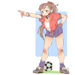  1girl andrea_cofrancesco ball bandaid bandaid_on_face blue_background blue_legwear blush breasts brown_eyes brown_hair earrings full_body hand_on_hip jewelry leaning_forward long_hair nike open_mouth persib_bandung pointing ponytail red_shirt ring shirt shoes signature soccer_ball soccer_uniform socks solo sportswear standing v-shaped_eyebrows wristband 