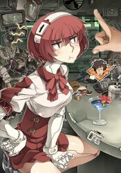  1girl 2boys :t annoyed bar_stool between_legs blush breath brown_hair camera closed_eyes countertop cup cyberpunk dog dog_food dorothy_(va-11_hall-a) drink drinking_glass drooling fan flower gillian_(va-11_hall-a) hand_between_legs hands highres horns indoors kasetsu_03 lighter lizard_tail mechanical_arms miniskirt multiple_boys open_mouth phone radio redhead robotic_legs saliva short_hair sitting skirt slobber stool tail television television_screen tongue tongue_out va-11_hall-a welsh_corgi 