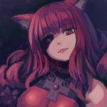  1girl animal_ears bangs blunt_bangs cat_ears closed_mouth commentary_request copyright_request eyebrows_visible_through_hair head_tilt highres lipstick long_hair looking_at_viewer makeup mechanical_eye red_eyes red_lipstick redhead reiesu_(reis) smile solo stella_hoshii upper_body va-11_hall-a 
