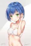  1girl adjusting_hair bangs bare_arms bare_shoulders blue_hair breasts character_name cleavage closed_mouth collarbone darling_in_the_franxx dated eyebrows_visible_through_hair ginn_(hzh770121) green_eyes hair_ornament hairclip hand_in_hair highres ichigo_(darling_in_the_franxx) light navel raised_eyebrows short_hair signature small_breasts smile solo tareme upper_body 