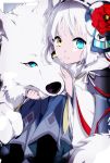  1girl animal animal_hug bad_id bad_pixiv_id bangs black_legwear blue_eyes closed_mouth commentary_request copyright_request dress flower hat hat_flower heterochromia hiiragi_fuyuki long_sleeves looking_at_viewer red_flower sitting smile white_hair wide_sleeves wolf yellow_eyes 