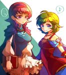  2girls artist_request bare_shoulders blue_eyes blush book breasts cape cosplay dress fire_emblem fire_emblem:_rekka_no_ken fire_emblem:_seima_no_kouseki fire_emblem_heroes green_hair hairband jewelry long_hair lute_(fire_emblem) multiple_girls nino_(fire_emblem) purple_hair short_hair skirt smile twintails violet_eyes 