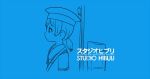  1girl blue commentary_request dress hat hiburi_(kantai_collection) inishie kantai_collection lineart low_ponytail machinery monochrome parody profile sailor_collar sailor_dress sailor_hat short_hair solo studio_ghibli upper_body 