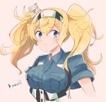  1girl blonde_hair blue_eyes blue_shirt blush breasts closed_mouth commentary_request eyebrows_visible_through_hair gambier_bay_(kantai_collection) hair_between_eyes headband itomugi-kun kantai_collection large_breasts long_hair looking_at_viewer pink_background shirt short_sleeves simple_background solo translated twintails 