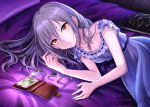 1girl absurdres blanket breasts cellphone cleavage hair_down highres idolmaster idolmaster_cinderella_girls kanzaki_ranko long_hair medium_breasts nightgown parted_lips phone popon_ta red_eyes silver_hair smartphone smartphone_case solo 