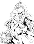  1girl azur_lane bangs bouquet breasts bridal_veil bride cleavage closed_eyes commentary_request cowboy_shot crown dress dress_bow earrings enterprise_(azur_lane) floating_hair flower greyscale highres holding holding_bouquet jewelry kapiko long_hair medallion medium_breasts mini_crown monochrome neck_garter rose smile solo veil very_long_hair wedding_dress 
