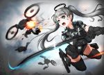  1girl absurdres asagon007 battle blue_eyes cyborg explosion grey_hair highres holding holding_sword holding_weapon katana looking_at_viewer original sword twintails weapon 