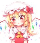  1girl :o blonde_hair blush bow bunny_hair_ornament commentary_request cravat eyebrows_visible_through_hair flandre_scarlet hair_ornament hairclip hanen_(borry) hat hat_bow head_tilt highres looking_at_viewer mob_cap polka_dot polka_dot_background puffy_short_sleeves puffy_sleeves red_eyes red_vest short_hair short_sleeves side_ponytail simple_background solo touhou upper_body vest white_background wings 