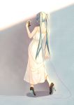  1girl absurdres alternate_costume bare_shoulders black_footwear blue_hair cable dress facing_away frilled_dress frills full_body gradient gradient_background hatsune_miku high_heels highres holding holding_microphone long_hair microphone nape sleeveless sleeveless_dress solo standing twintails very_long_hair vocaloid white_dress zuiai_gongzhu_dianxia 
