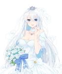  1girl azur_lane bare_shoulders blue_eyes bouquet breasts bridal_veil bride cleavage collarbone commentary_request cowboy_shot crown dress earrings enterprise_(azur_lane) eyebrows_visible_through_hair eyelashes fingernails floating_hair flower hand_up highres holding holding_bouquet jewelry looking_at_viewer medallion medium_breasts mini_crown neck_garter parted_lips ribbon ring rose shichijou_natori silver_hair smile solo veil wedding_dress wedding_ring white_dress white_flower white_rose 