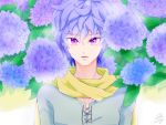  1boy artist_name dragon_quest dragon_quest_heroes dragon_quest_heroes_ii flower open_mouth pink_eyes portrait purple_hair razel scarf solo 