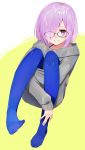  1girl ayamori_mimi blue_legwear dress fate/grand_order fate_(series) full_body glasses grey_sweater hair_over_one_eye highres lavender_hair leg_hug looking_at_viewer mash_kyrielight pantyhose short_hair sitting smile solo sweater sweater_dress violet_eyes yellow_background 