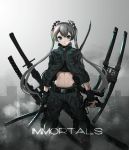 1girl absurdres asagon007 blue_eyes choker cyborg grey_hair highres holding holding_sword holding_weapon katana looking_at_viewer midriff original science_fiction sheath solo sword twintails weapon 