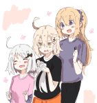  3girls alternate_hairstyle black_shirt blonde_hair blue_eyes blush bow braid braiding_hair commentary_request fate/grand_order fate_(series) flower grey_hair grey_shirt hair_bow hair_ornament hair_scrunchie hairdressing highres jeanne_d&#039;arc_(alter)_(fate) jeanne_d&#039;arc_(fate) jeanne_d&#039;arc_(fate)_(all) jeanne_d&#039;arc_alter_santa_lily long_sleeves multiple_girls open_mouth pink_shirt ponytail ranf scrunchie shirt short_hair short_sleeves single_braid sketch yellow_eyes 