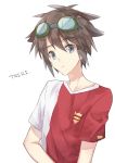  1boy black_eyes brown_hair character_name digimon digimon_xros_wars goggles goggles_on_head kudou_taiki male_focus simple_background solo upper_body white_background 