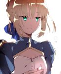  1girl artoria_pendragon_(all) blonde_hair blue_dress blue_ribbon breasts cleavage_cutout closed_mouth commentary_request dress fate/stay_night fate_(series) green_eyes hair_ribbon hiiragi_fuyuki juliet_sleeves long_sleeves puffy_sleeves ribbon saber short_hair simple_background small_breasts smile solo upper_body white_background 