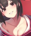  1girl bangs black_hair blush breasts brown_eyes cleavage collarbone commentary_request eyebrows_visible_through_hair face head_tilt hinamatsuri japanese_clothes kimono looking_at_viewer off_shoulder official_art original parted_lips pokachu red_background simple_background smile solo tareme upper_body 