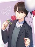  1boy 2018 artist_name balloon bangs black_jacket black_sweater brown_eyes brown_hair character_request closed_mouth collared_shirt flower heart hitsuki_rei holding holding_balloon holding_flower jacket leaf long_sleeves looking_at_viewer male_focus open_clothes open_jacket purple_background purple_ribbon red_flower red_rose ribbon rose shirt smile snowdreams_-lost_in_winter- solo sweater upper_body white_day white_shirt 