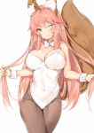  1girl ;3 animal_ears bangs bare_shoulders blush bow breasts brown_legwear cleavage closed_mouth commentary_request erect_nipples eyebrows_visible_through_hair fang fang_out fate/extra fate_(series) fox_ears fox_girl fox_tail grey_background hair_between_eyes hair_grab head_tilt highres large_breasts leotard long_hair looking_at_viewer pantyhose pink_hair silver_(chenwen) simple_background solo strapless strapless_leotard tail tamamo_(fate)_(all) tamamo_no_mae_(fate) very_long_hair white_bow white_leotard wrist_cuffs yellow_eyes 