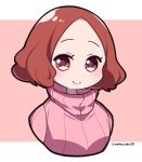  1girl blush brown_eyes brown_hair commentary_request do_m_kaeru okumura_haru persona persona_5 pink_sweater ribbed_sweater smile sweater turtleneck turtleneck_sweater twitter_username upper_body 