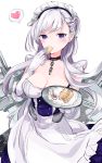  1girl apron azur_lane bangs belfast_(azur_lane) blush braid breasts cookie cowboy_shot dress eating elbow_gloves eyebrows_visible_through_hair floating_hair food french_braid gloves heart holding holding_cookie holding_plate jam large_breasts long_dress long_hair maid maid_apron maid_headdress plate rigging silver_hair solo sotsunaku spoken_heart turret violet_eyes 