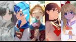  5girls aino_minako bishoujo_senshi_sailor_moon black_hair blonde_hair blue_hair blush book brown_hair column_lineup food happy hino_rei holding holding_food ice_cream kino_makoto mayo_(becky2006) mizuno_ami multiple_girls open_mouth rain sad school_uniform see-through serafuku signature teeth tsukino_usagi umbrella 