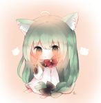  1girl :&lt; ahoge akashi_(azur_lane) animal_ears azur_lane bangs barefoot bell black_bow blush bow braid brown_eyes cat_ears chibi closed_mouth commentary_request cottontailtokki dress eyebrows_visible_through_hair green_hair hair_between_eyes hair_bow hand_on_own_cheek jingle_bell long_hair long_sleeves looking_at_viewer red_bow sidelocks sitting solo very_long_hair white_dress wide_sleeves 