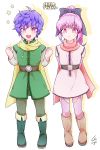  1boy 1girl artist_name belt boots bow dragon_quest dragon_quest_heroes dragon_quest_heroes_ii long_hair open_mouth pink_eyes pink_hair ponytail purple_hair razel scarf simple_background star teeth teresia white_background younger 