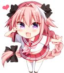  1boy :d arm_behind_back astolfo_(fate) bangs black_bow black_footwear blush bow braid chibi commentary_request crop_top dot_nose eyebrows_visible_through_hair eyelashes eyes_visible_through_hair fang fate/apocrypha fate/grand_order fate_(series) full_body hair_between_eyes hair_bow hair_intakes hands_up happy heart leaning_forward loafers long_braid looking_at_viewer male_focus miniskirt multicolored_hair navel neckerchief open_hand open_mouth parted_bangs pink_hair pink_neckwear pleated_skirt raised_eyebrows red_sailor_collar red_skirt sailor_collar school_uniform serafuku shirt shoes short_hair_with_long_locks short_sleeves simple_background single_braid skirt sleeve_cuffs smile solo standing streaked_hair thigh-highs trap tsukudani_norio tsurime two-tone_hair v violet_eyes white_background white_hair white_legwear white_shirt x_navel 